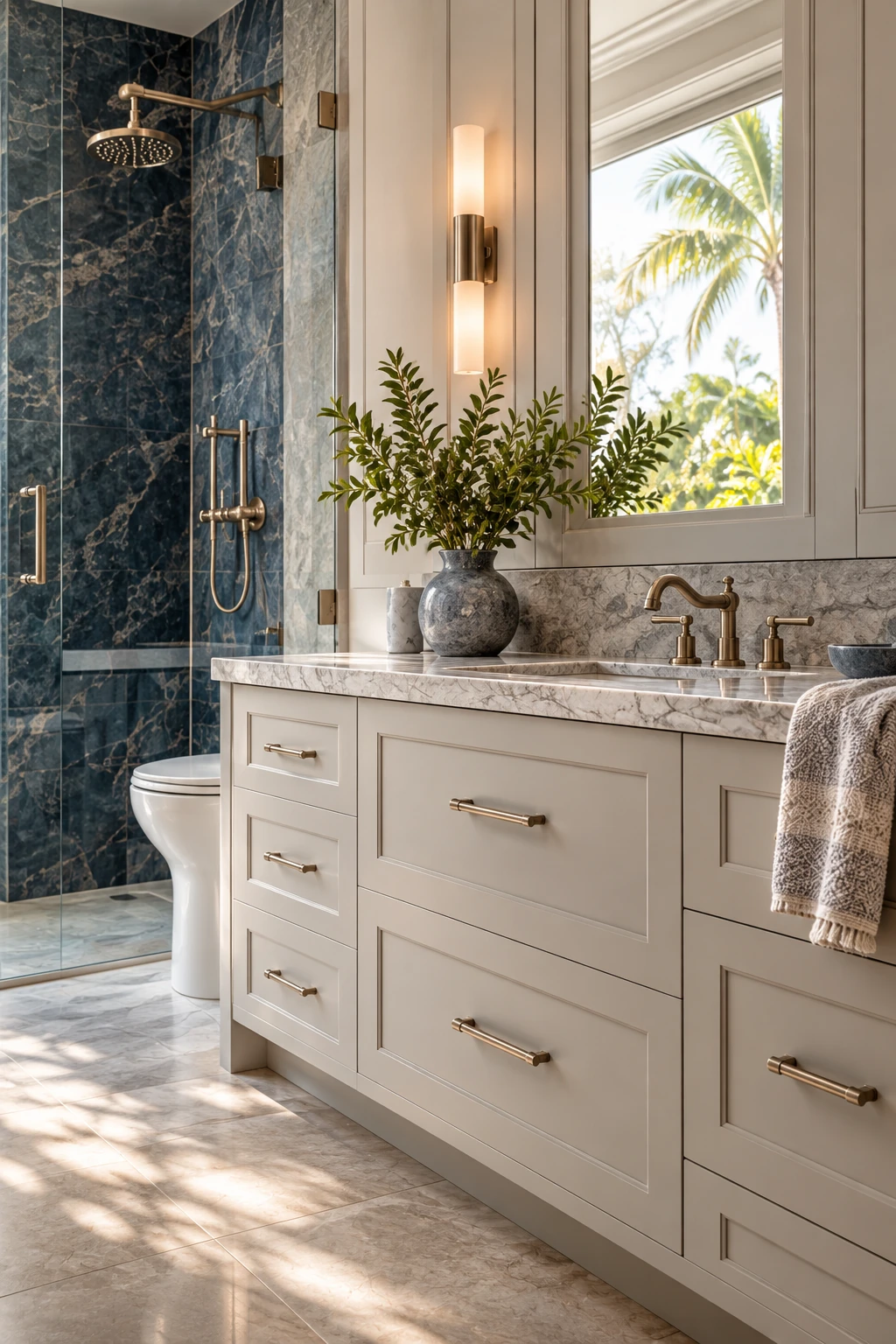 Illustrative painted bathroom vanity with contrasting blue stone
