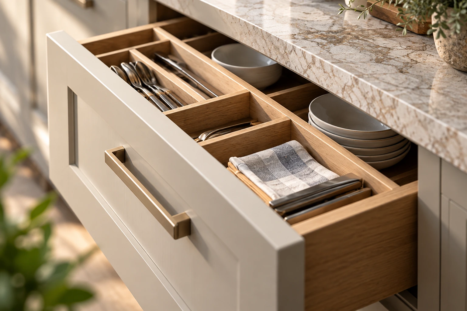 Illustrative cabinetry detail with a fitted oak drawer organizer