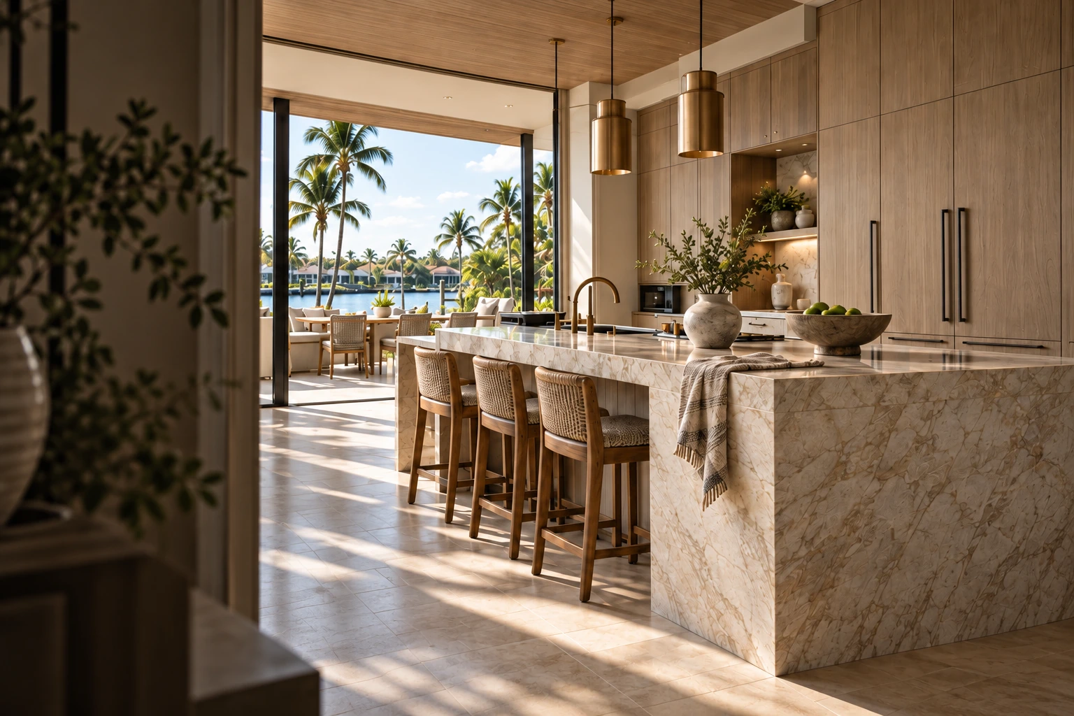 Illustrative warm oak kitchen with a sculptural stone island opening to a Naples waterway