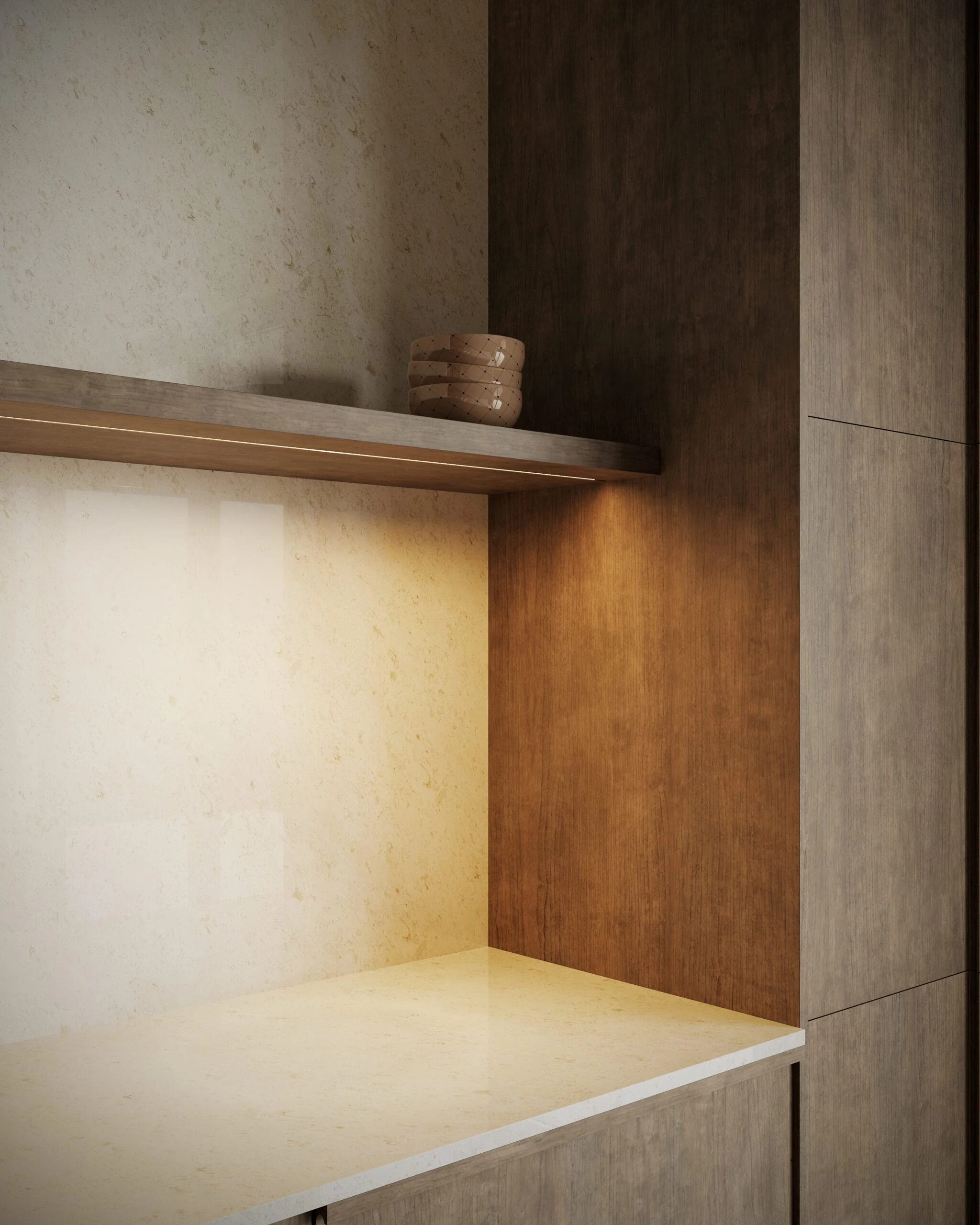 Integrated light beneath a floating wood shelf illuminates the counter and stone backsplash