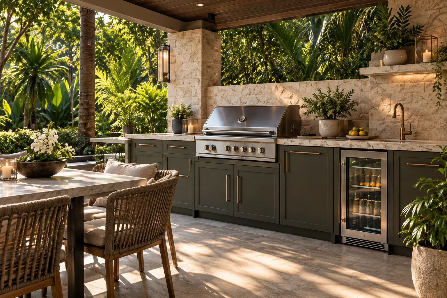 Illustrative garden loggia with olive outdoor cabinetry, integrated grill, and dining area