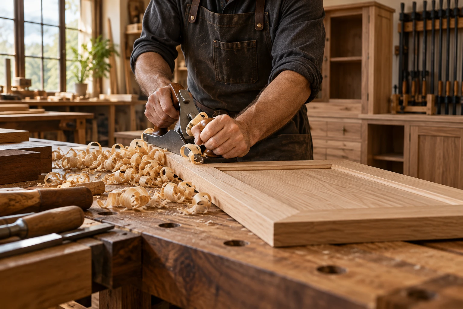 Illustrative master cabinetmaker hand-finishing an oak cabinet door in a premium workshop